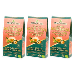 
                    
                      Thé Moringa Énergie Bio - Pêche-Menthe-Abricot - Alternative au Café - Lot de 3 (48 sachets) - Devant de la boîte
                    
                  