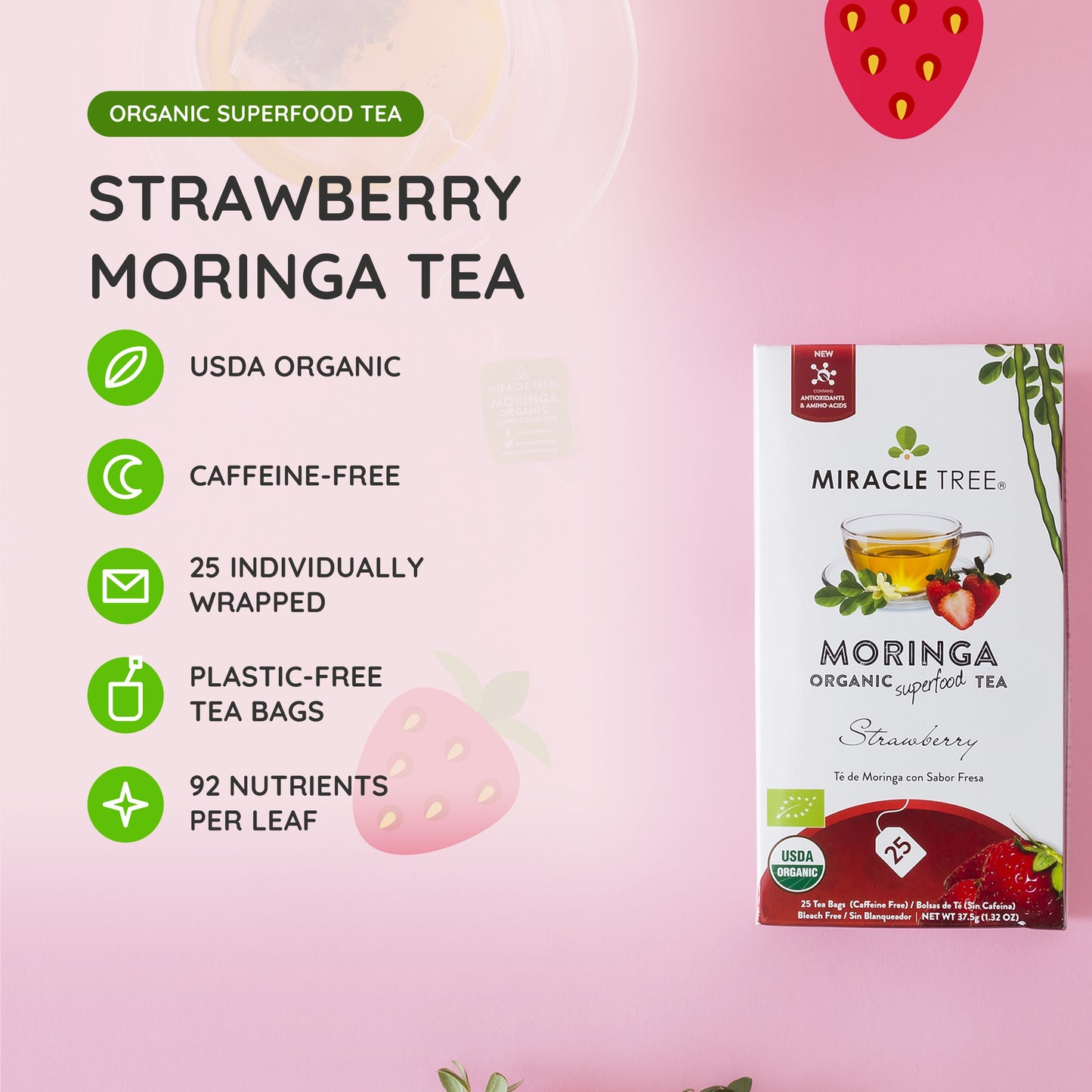 Organic Moringa Tea - Strawberry - Caffeine-Free Herbal Tea - At a glance