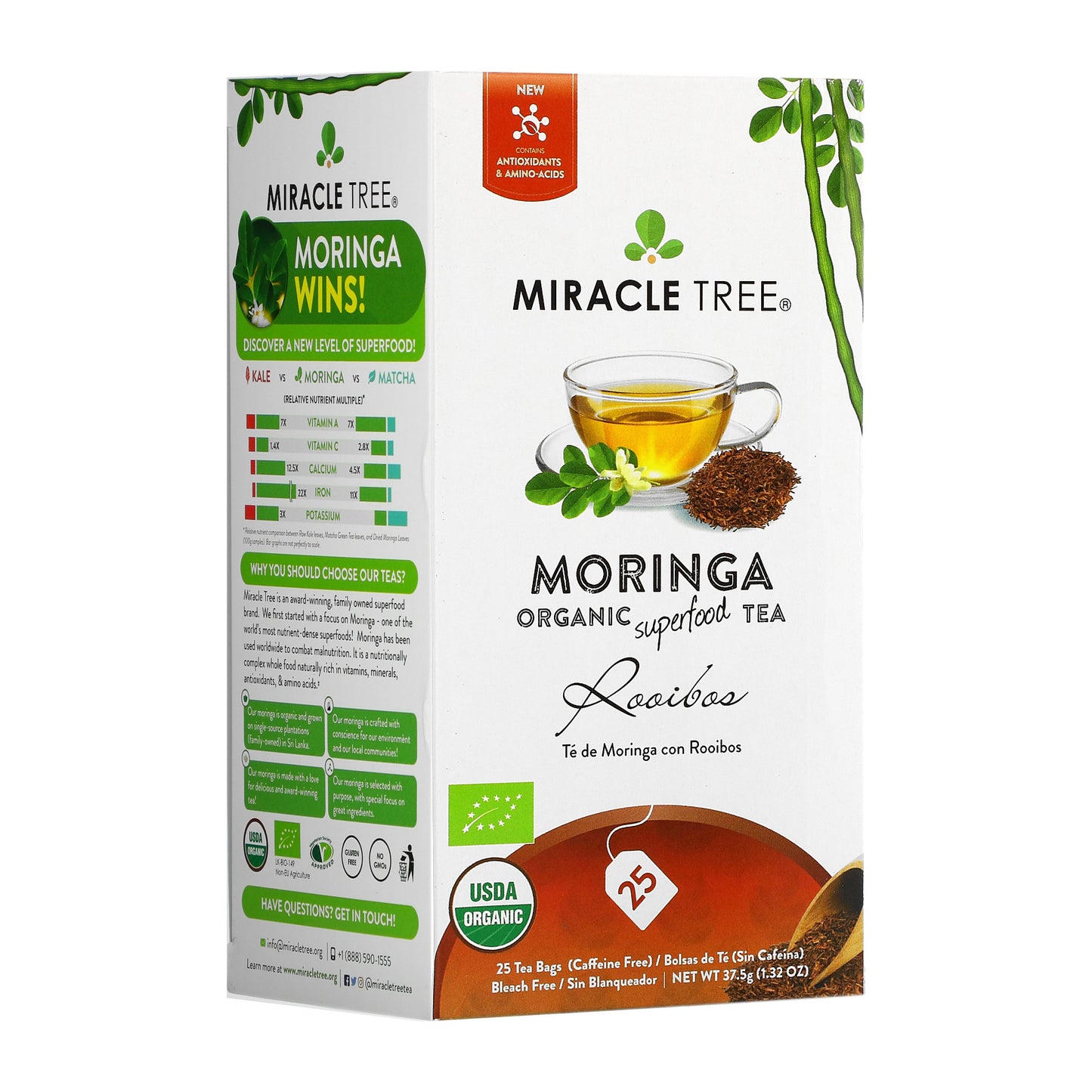 Organic Moringa Tea - Rooibos - Caffeine-Free Herbal Tea - Front of box