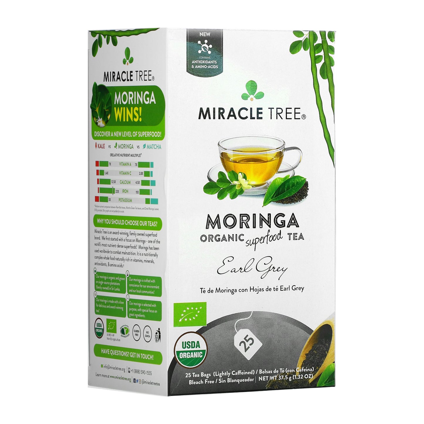 Organic Moringa Tea - Earl Grey - Lightly Caffeinated Herbal Tea - Front of box