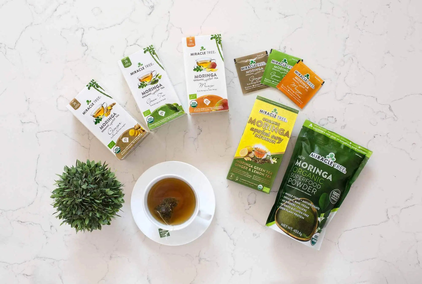 Moringa tea packages on a white surface with a cup of tea and a small plant.